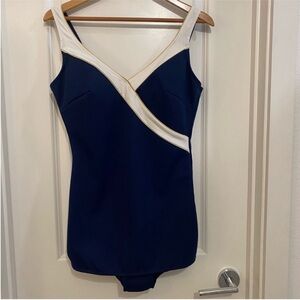 Longitude navy and white with gold accents Wrap-Style swimsuit, size 12